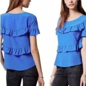 Anthropologie HD in Paris Silk Ruffle Blouse Top Royal Blue Womens Size Small